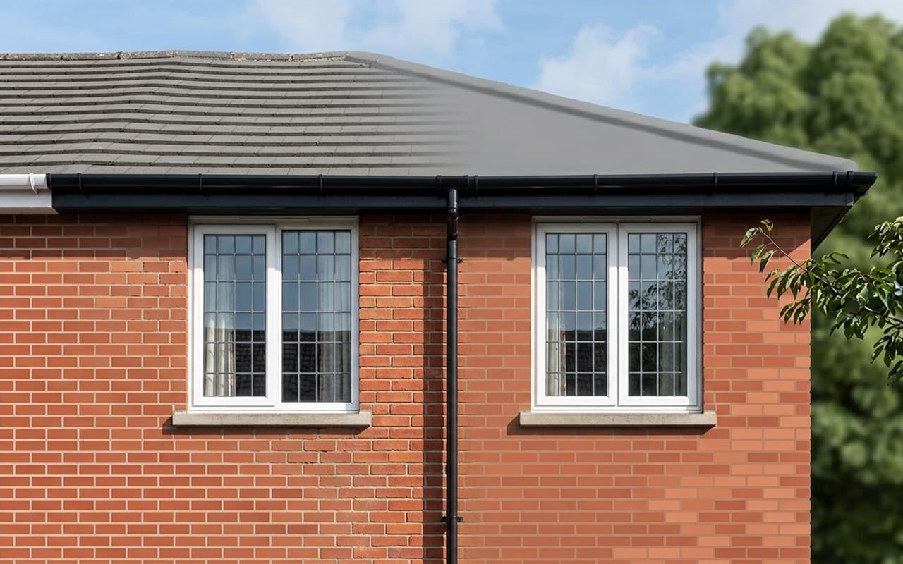 The upper corner of a brick house: a hipped roof, black guttering and a downpipe, and two white casement windows.