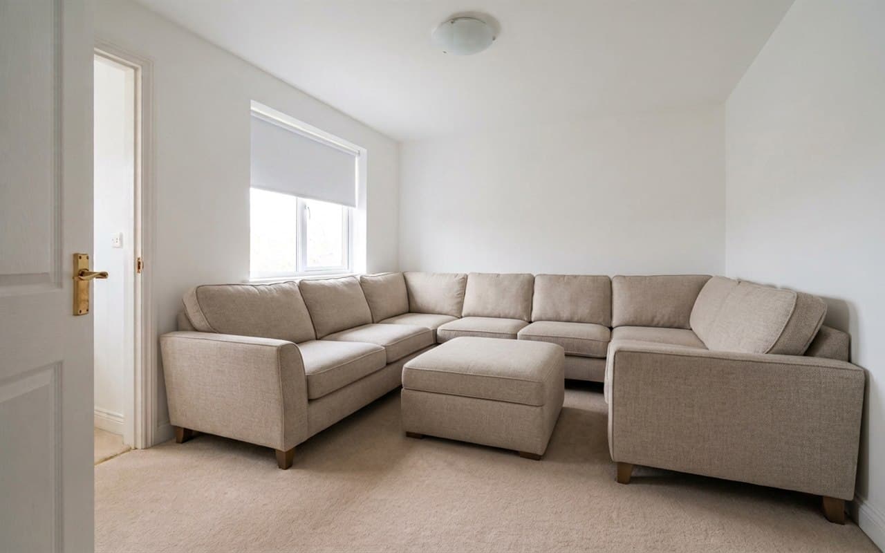 A living room with an oversized corner sofa, a low table on a rug and a window to one side, shot from the corner of the room.