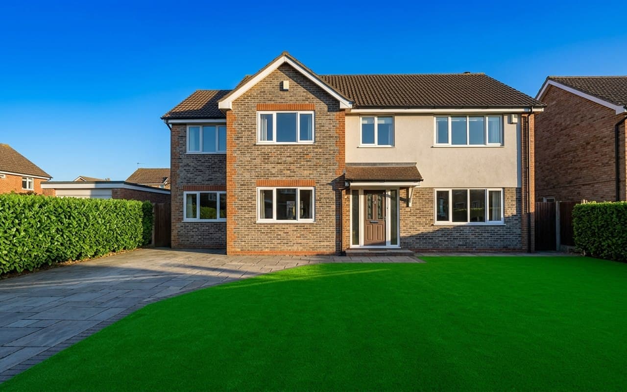 The front elevation of a detached brick house, with a paved drive, a clipped hedge and a flat green lawn running to the edge of the path.