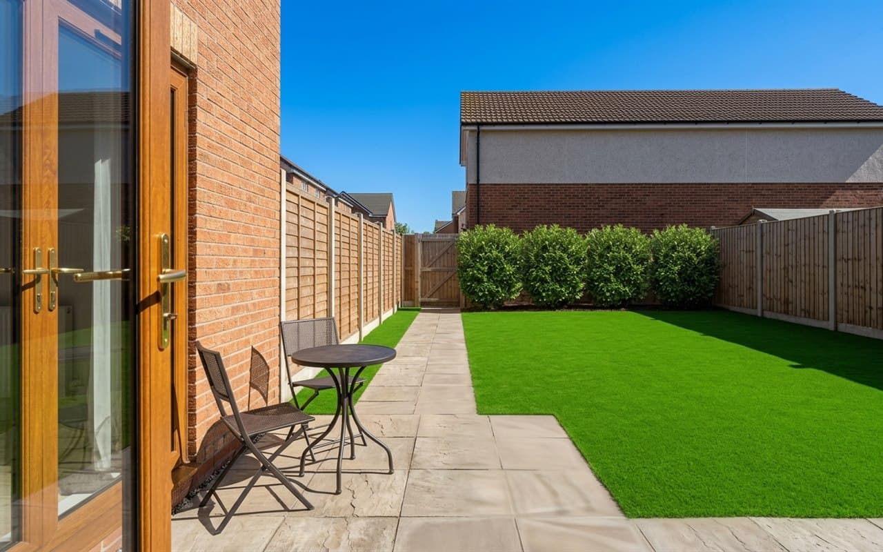 A back garden seen from the patio doors: paving, a metal table and chairs, a fenced lawn and a neighbouring house under a clear sky.