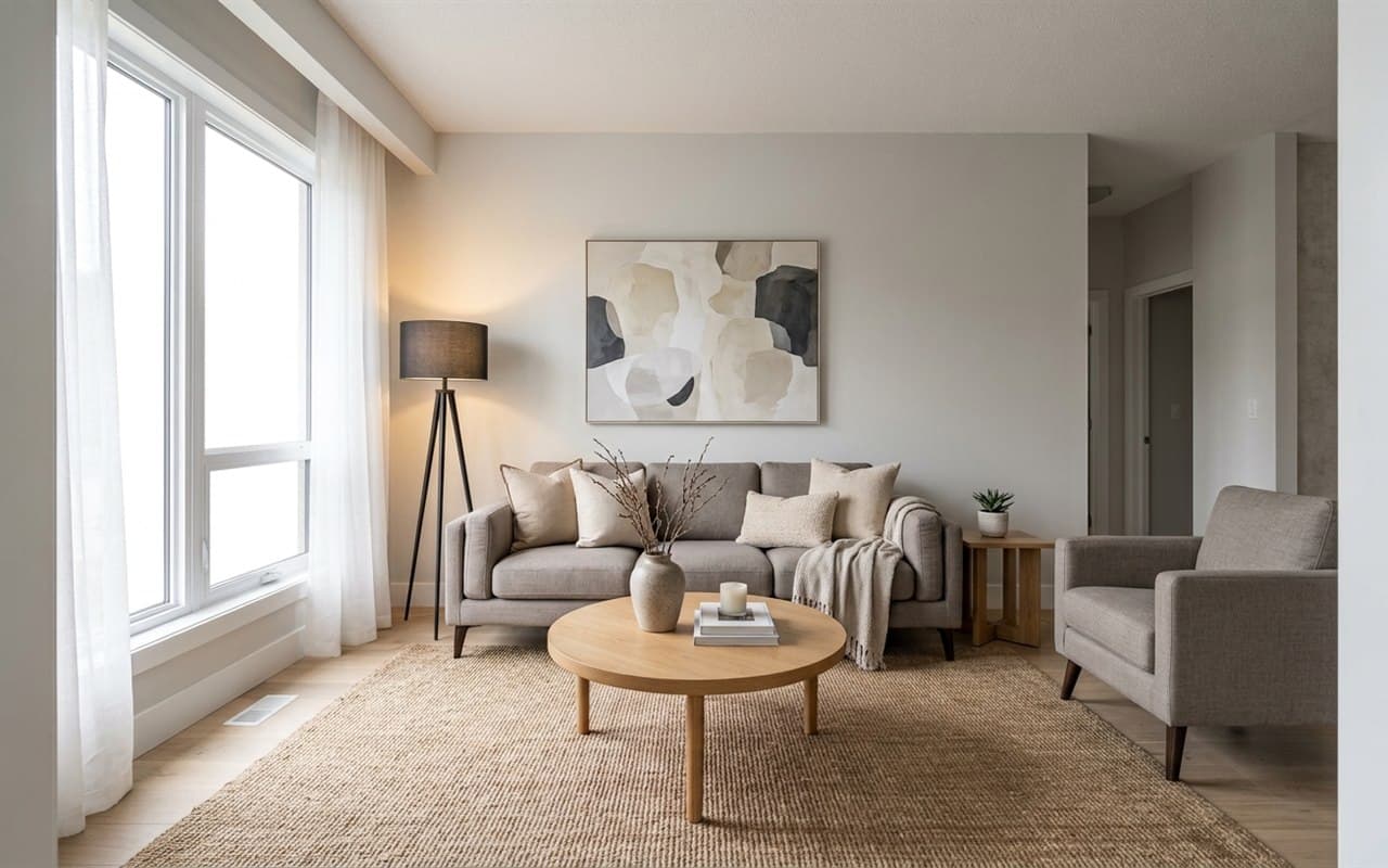 A living room with a sofa, a coffee table on a jute rug, an armchair and a floor lamp beside a tall bright window.
