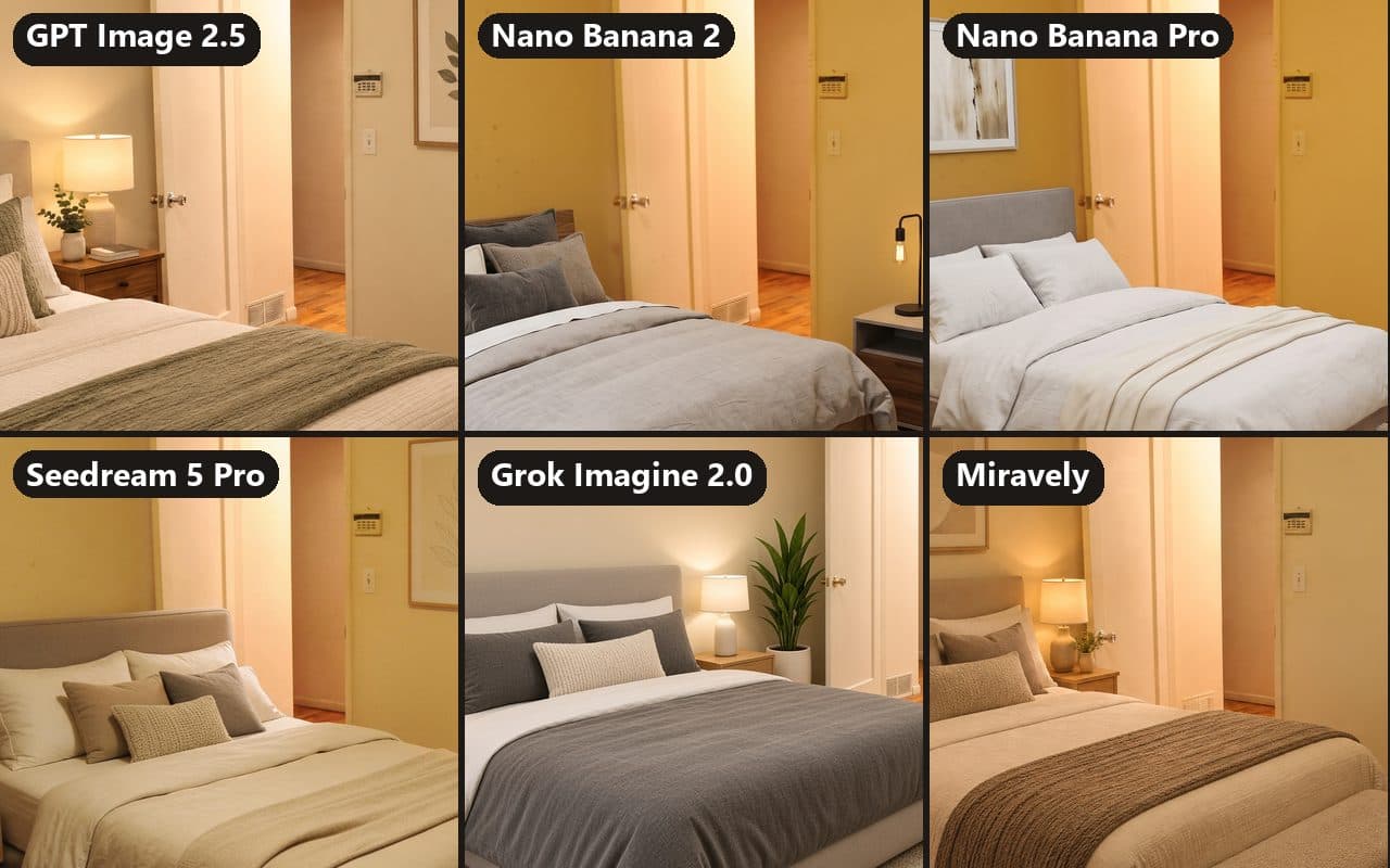 Six crops of the same corner of an AI-staged bedroom, labeled by tool, each with a bed or a bedside table standing against an open door.