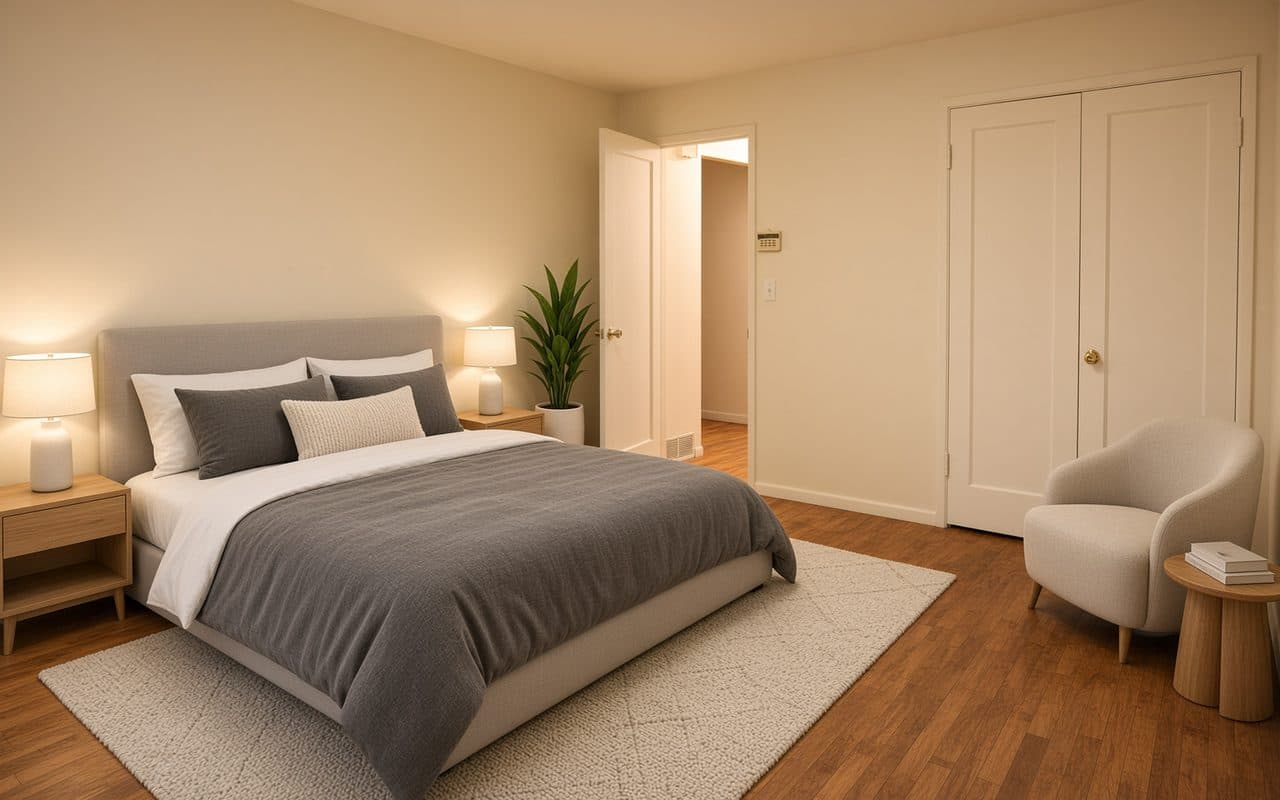 A wider view of the bedroom with a double bed, two bedside lamps, a plant beside the open door and an armchair by the closet.