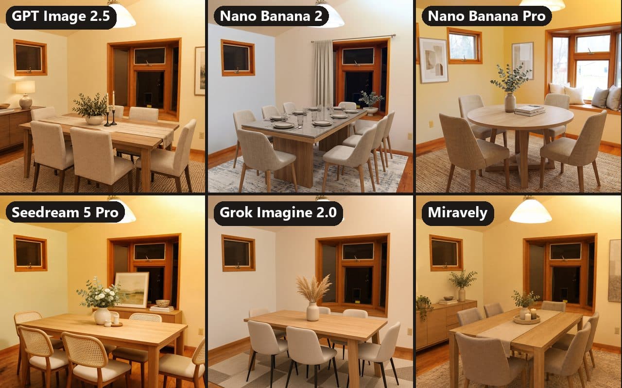 Six AI-staged versions of one dining room with a bay window, labeled by tool, each with a table and chairs, one with a sideboard in the bay.