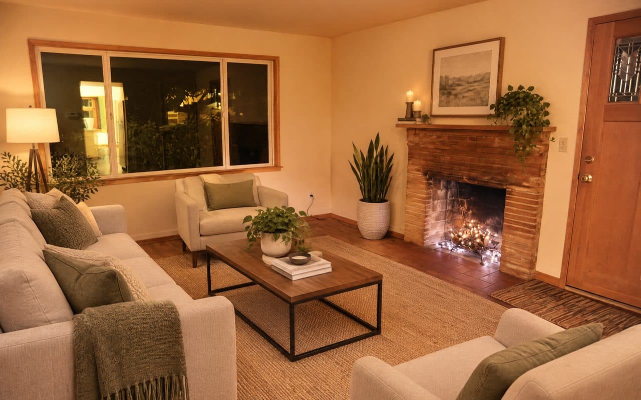 The same living room with a sofa, armchairs and a coffee table, and a wooden shelf with candles now running across the top of the fireplace.