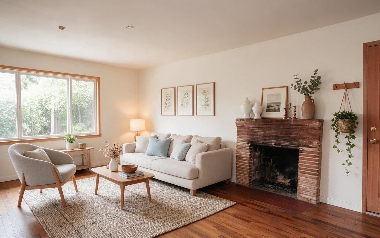 A living room in daylight with a smaller window onto trees, white walls, two ceiling lights and a rebuilt brick fireplace with a mantel.