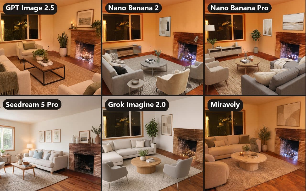 Six AI-staged versions of one living room with a brick fireplace and a large window, labeled by tool; one is in daylight with a different window.
