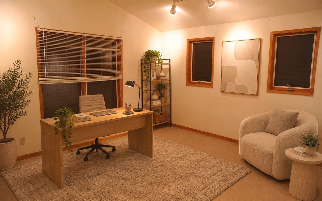 The same room staged as a home office with a desk and chair under the blinds, a shelf, a rug, an armchair and art between the two windows.