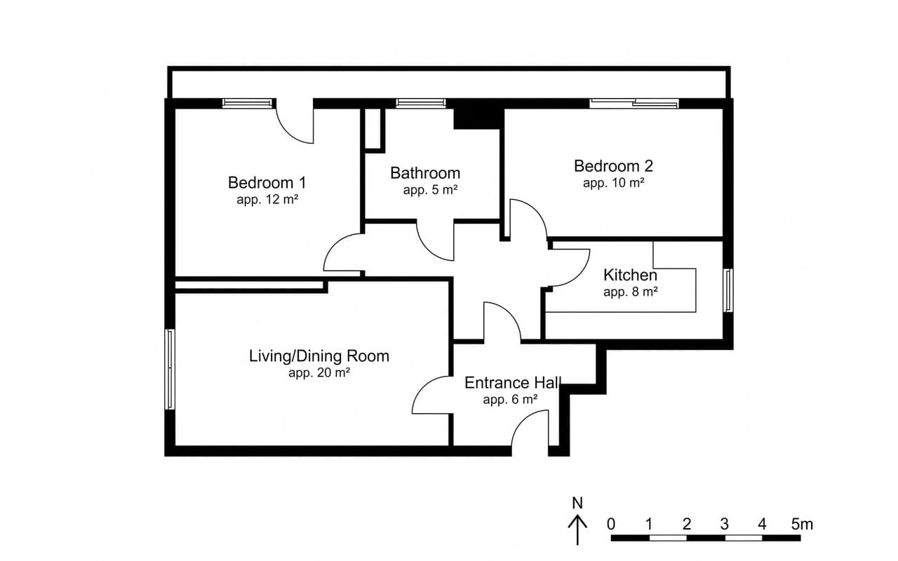 Black and white floorplan of a two-bedroom flat with room names and approximate areas, a north arrow and a scale bar.