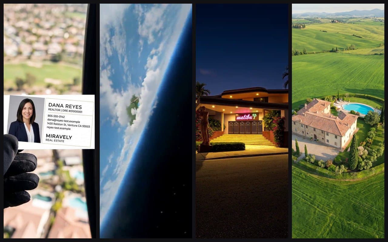 Four vertical video frames in a row: a business card held out of a helicopter door, Earth from orbit, a building lit at night, a villa from the air.