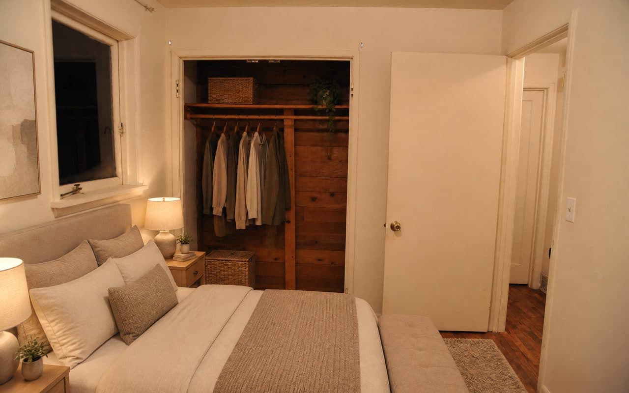 The same small bedroom staged with a large upholstered bed and a bench at its foot, filling the floor up to the open door.