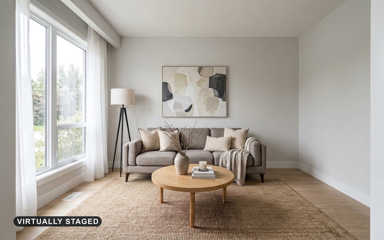 AI-generated living room with a gray sofa, a round coffee table on a jute rug and the words Virtually staged printed in the lower left corner.