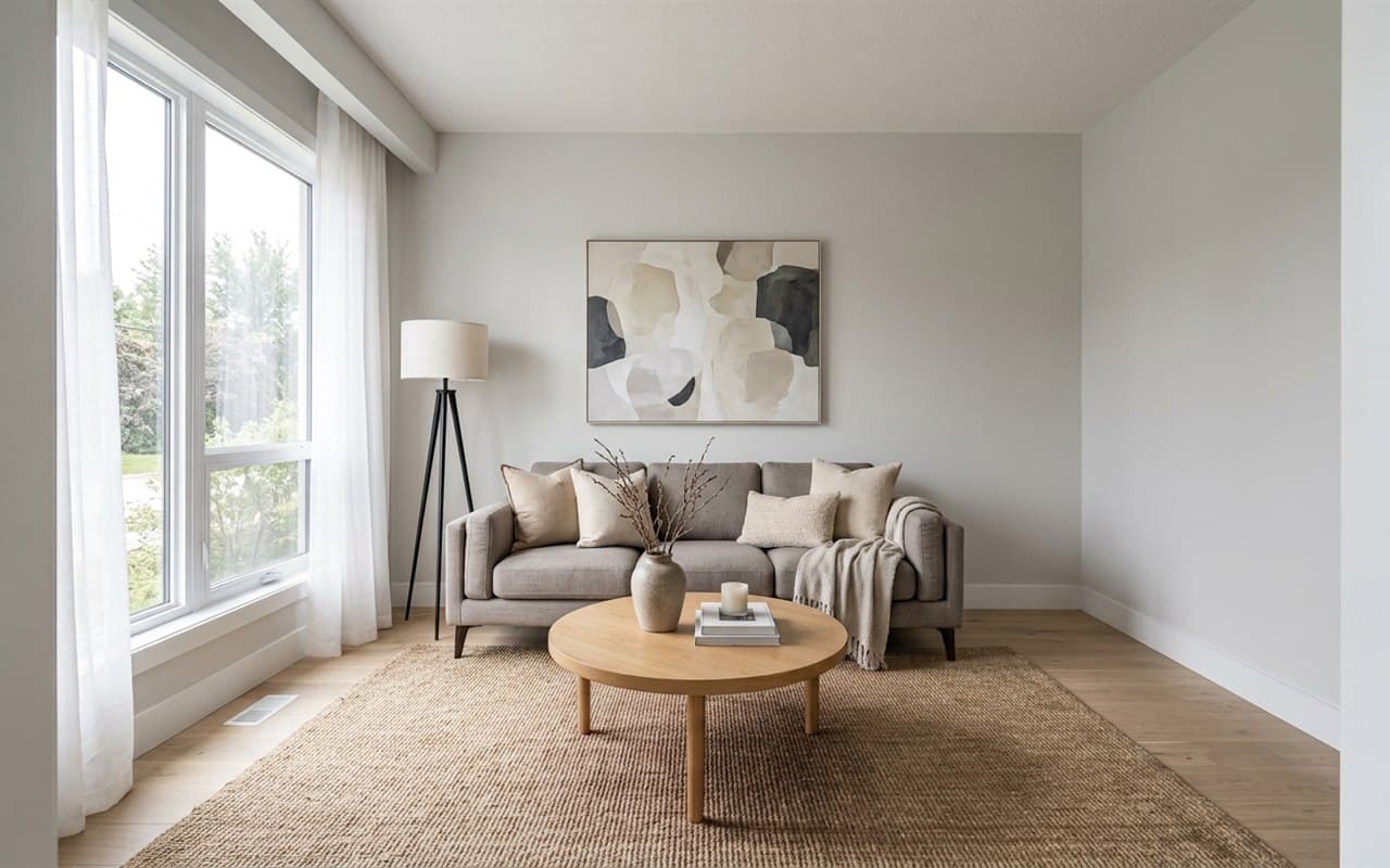 A living room with a grey sofa, a round wooden coffee table on a jute rug, a floor lamp and a tall window with sheer curtains.