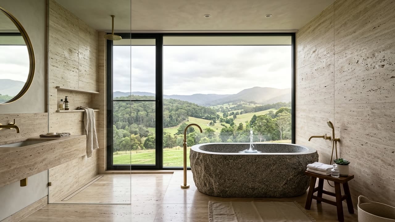 AI-generated bathroom with a stone bathtub, travertine walls, a round mirror and a glass wall looking out over green hills.