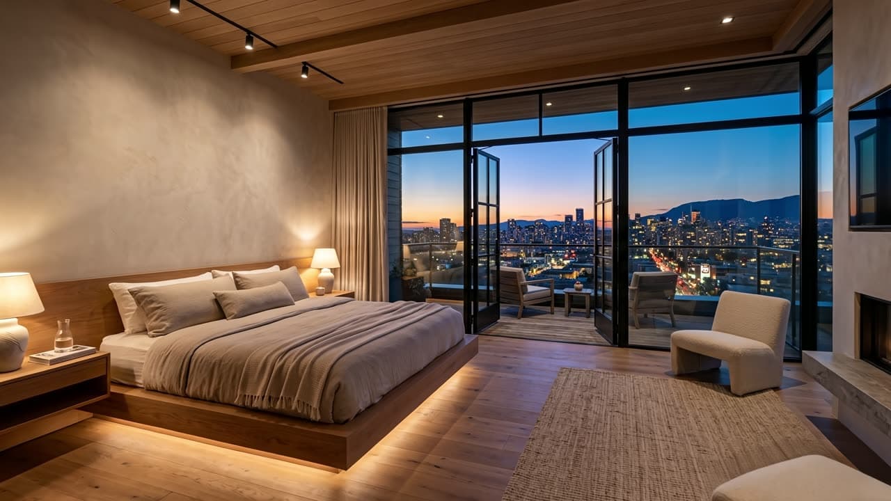 AI-generated bedroom with a low wooden bed, a bedside lamp and glass doors opening onto a balcony over a city at dusk.