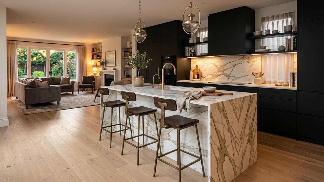 AI-generated kitchen with a marble waterfall island, three leather bar stools, glass pendant lights and a sitting area by the windows.