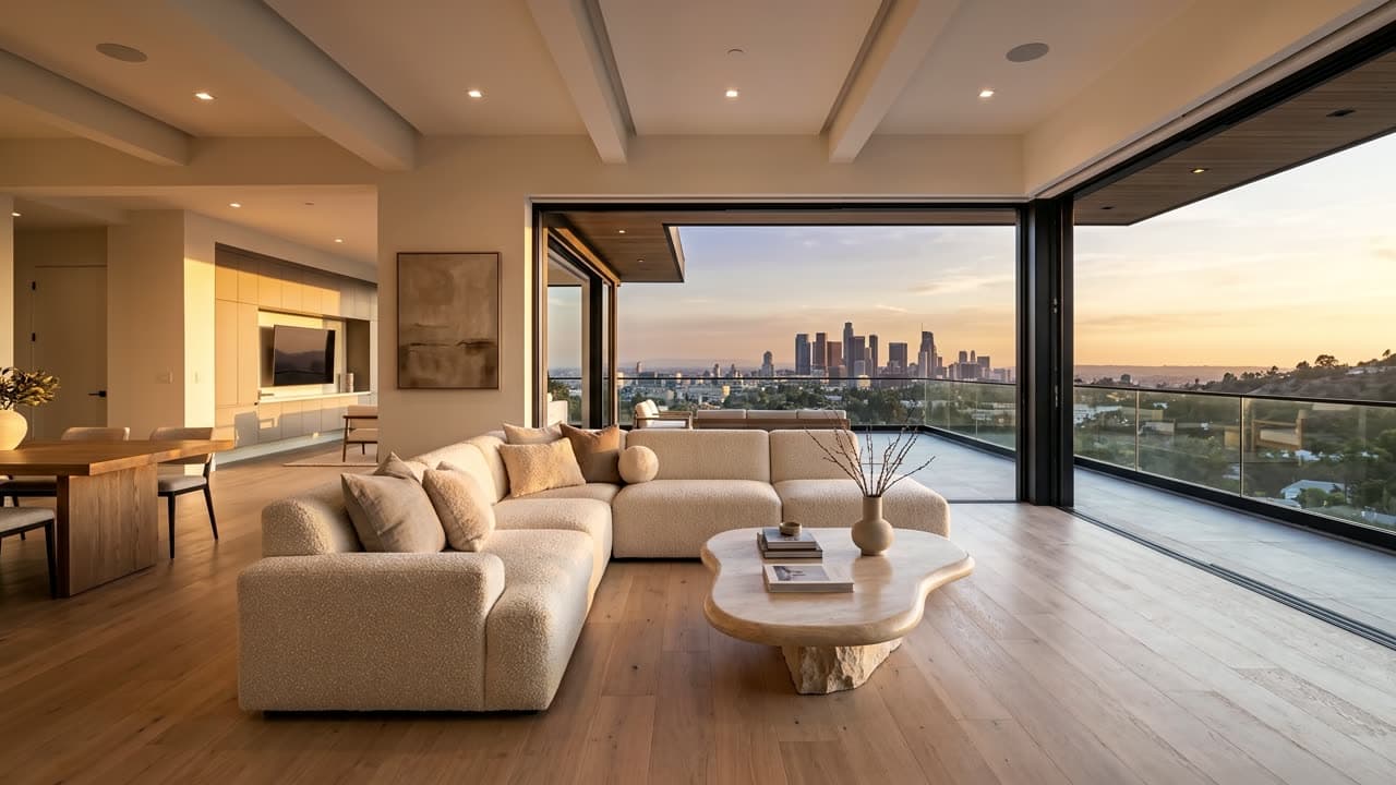 AI-generated living room with a pale sectional sofa, a sculpted coffee table and a glass wall opening onto a balcony over a city at sunset.