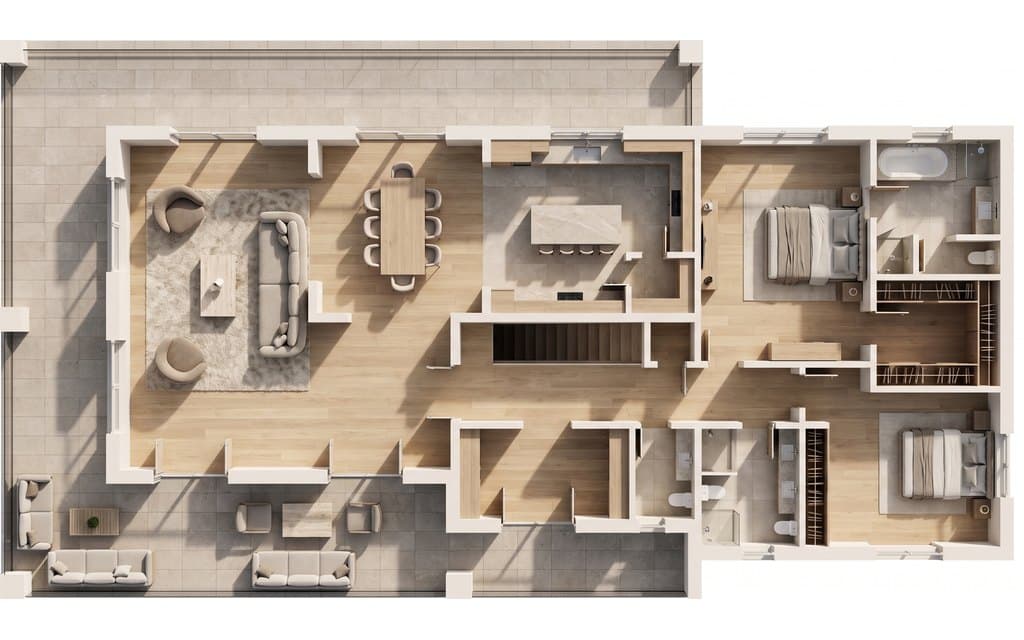 The same layout as a top-down 3D model with the roof off: wood floors, sofas, a dining table, beds and bathroom fittings in each room.