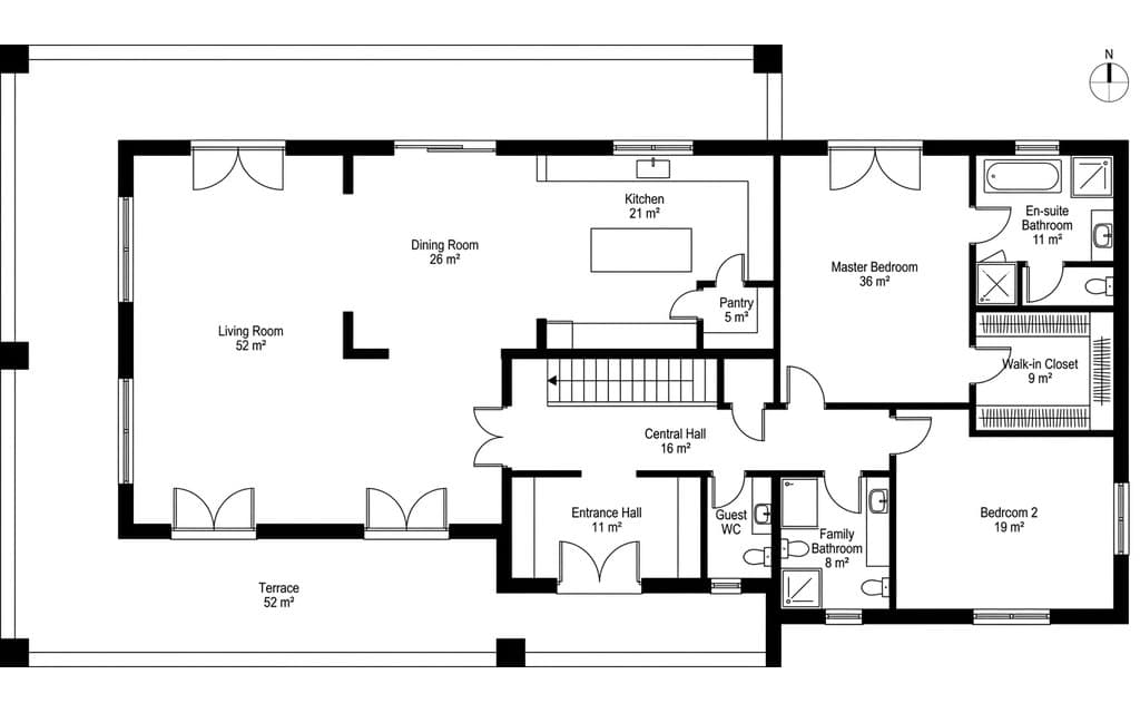 Black and white CAD floor plan of a house with a living room, dining room, kitchen, two bedrooms, bathrooms and a terrace, each labeled with its area.