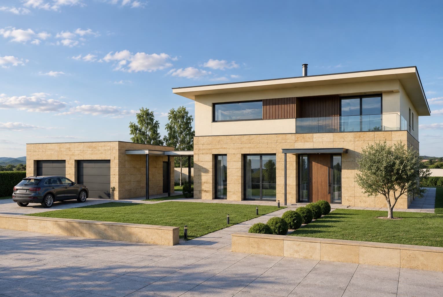 The same house and garage as a photo-real exterior, with real-looking stone, glass reflections, clouds and a lawn with clipped box balls.