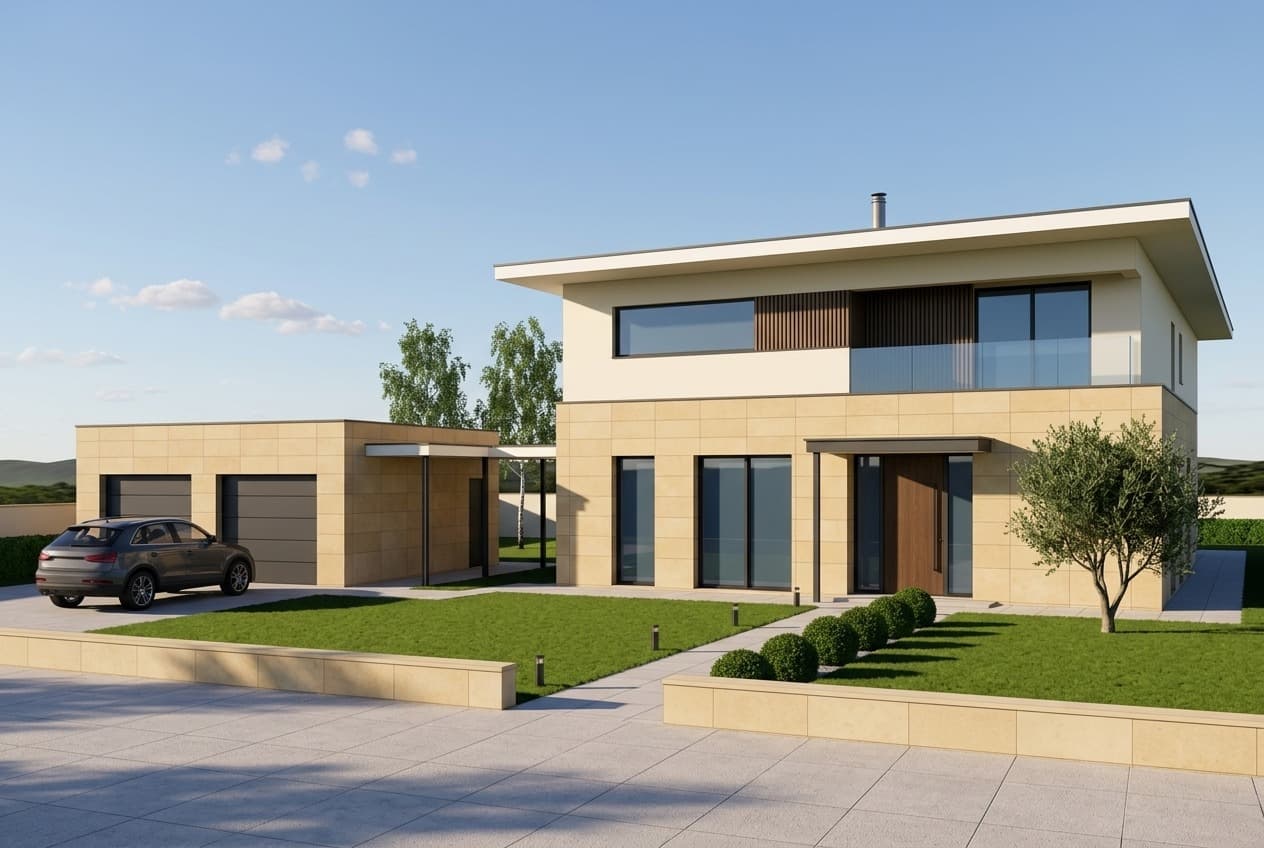 3D render of a two-storey modern house with a flat overhanging roof, stone cladding, a detached double garage, an SUV and an olive tree.