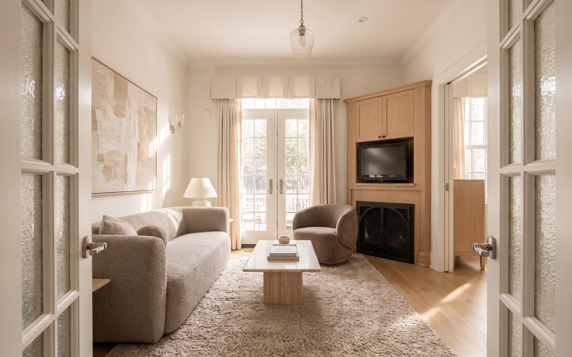 The same room restyled by AI with a pale sofa, a stone coffee table, a light oak floor and the same doors, window and fireplace.