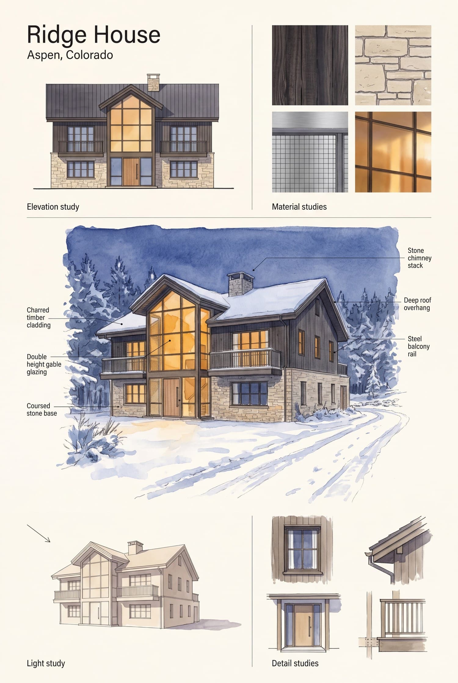 A one-page architectural design board of a dark-clad mountain house: elevation, material studies and callouts