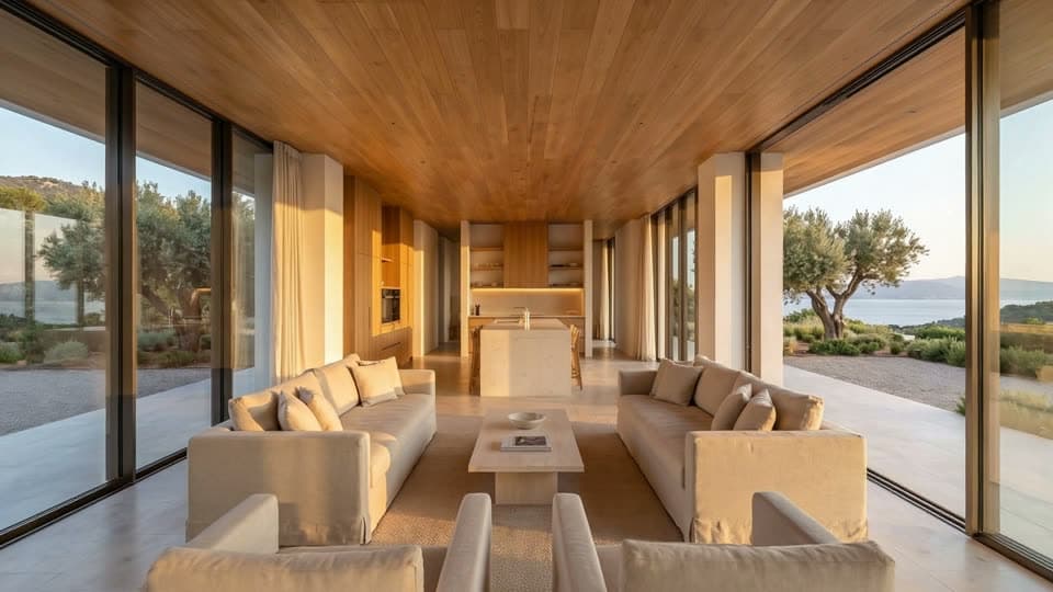 Last frame of the same clip: two sofas facing each other, the kitchen at the far end and glass walls on both sides.