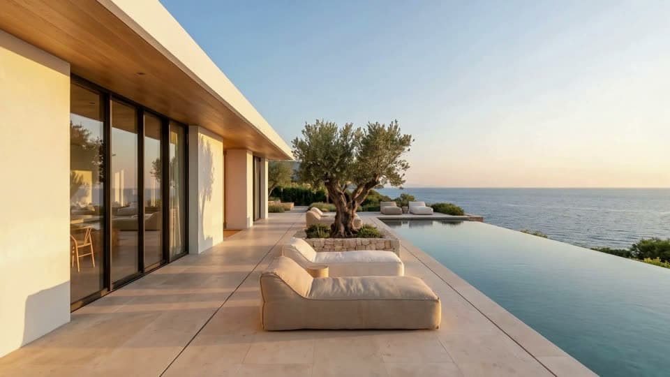 Last frame of the same clip: the terrace outside, with an infinity pool, an olive tree in a stone planter, loungers and the sea.