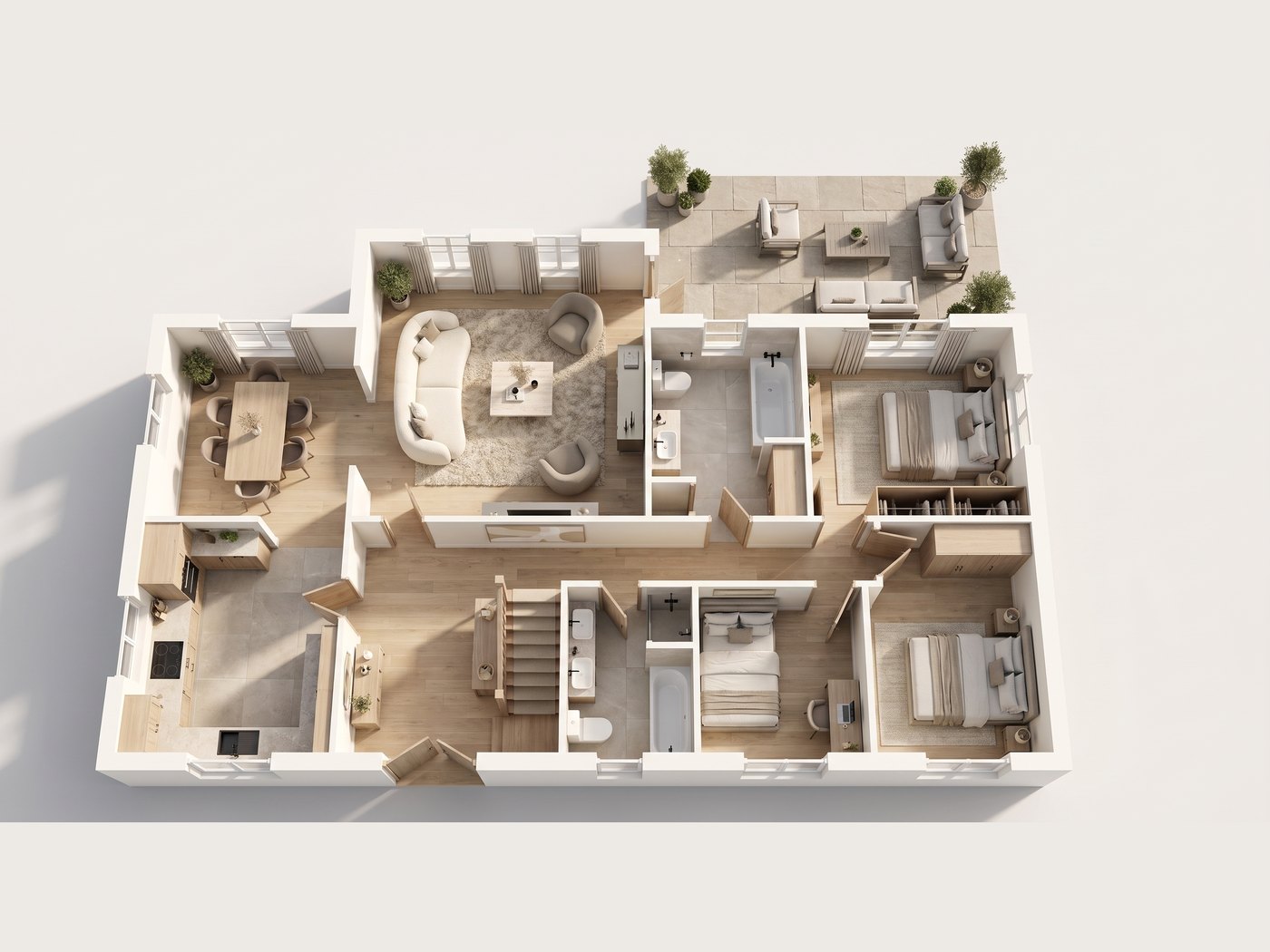 The same plan as a furnished doll's-house view: living room, dining area, kitchen, three bedrooms, two bathrooms, the staircase, and a paved terrace with outdoor seating