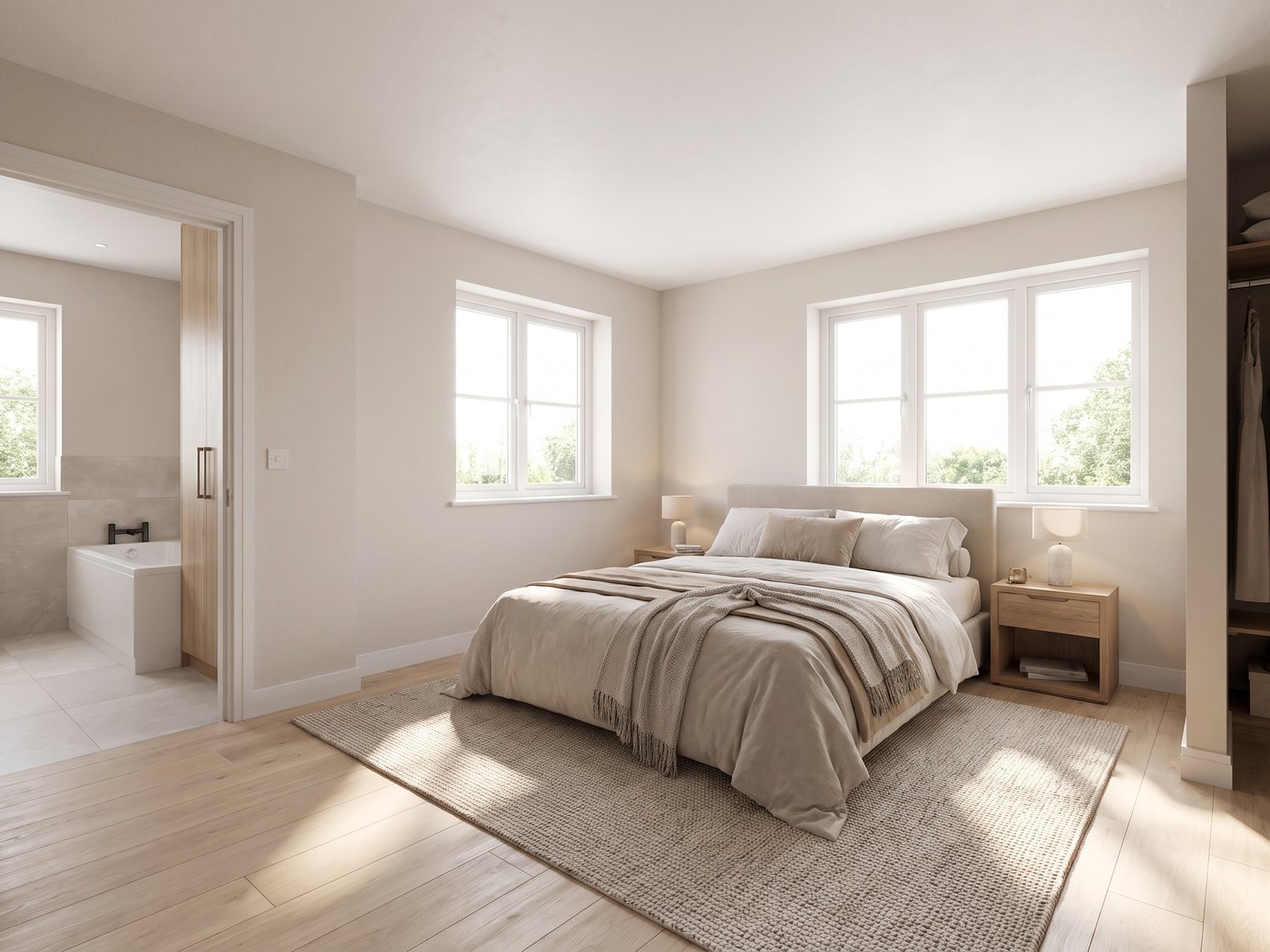 The master bedroom of that view, photographed at eye level: the bed under the window, the en-suite through the open door, the wardrobe along the near wall