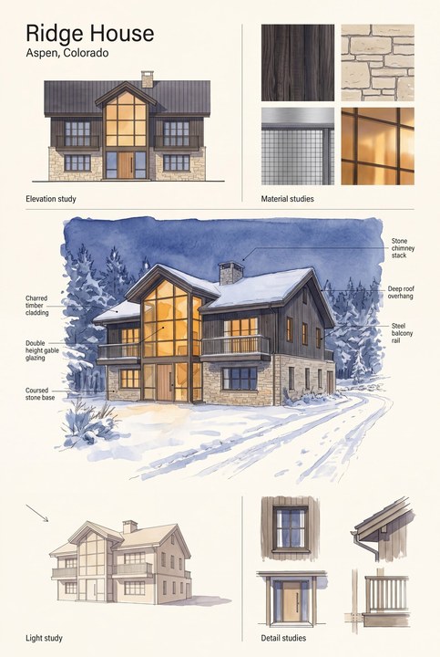 A single-page architectural board of that house: elevation, material studies and callouts