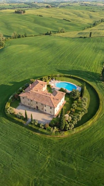 A continuous camera descent from cloud level down to that villa