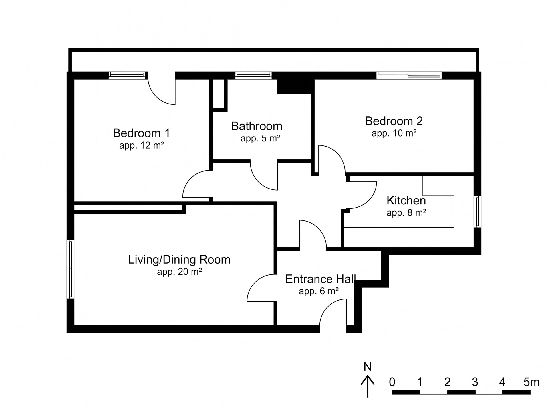 A bare black-and-white floor plan of a two-bedroom apartment