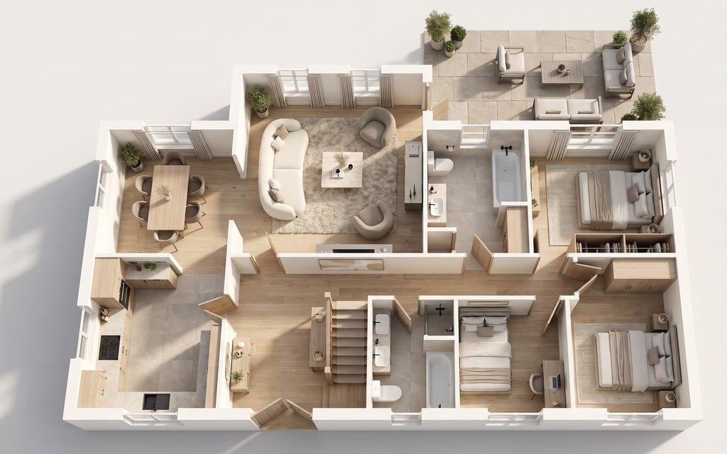 3D plan to room photo: stand inside a floor plan at eye level: 3d view and room photo