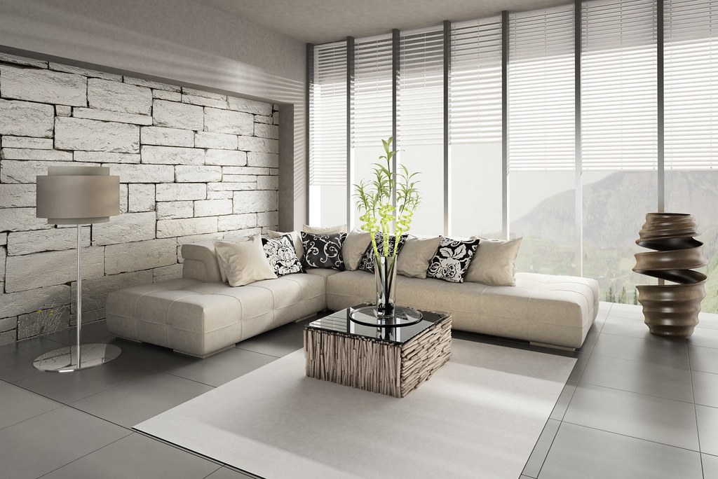 A living room restyled industrial-loft. The window, shelving and lamp positions stay exactly where they were.